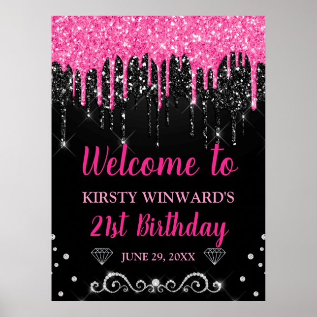 Varmt rosa och svart droppande glitter födelsedags poster (Framsidan)