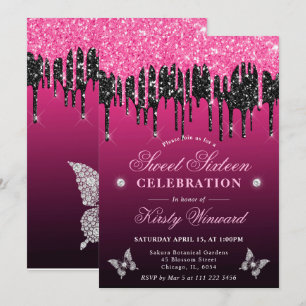 Varmt rosa och svart droppande glitter Sweet 16 Inbjudningar