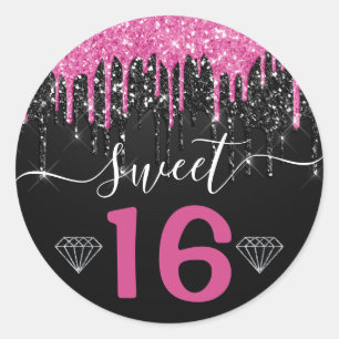 Varmt rosa och svart droppande glitter Sweet 16 Runt Klistermärke