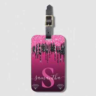Varmt rosa och svart droppande glittermonogram bagagebricka