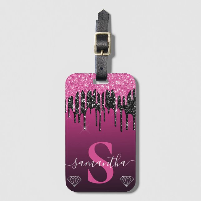 Varmt rosa och svart droppande glittermonogram bagagebricka (Framsida vertikal)