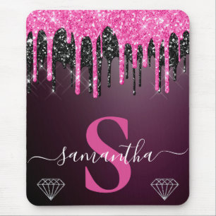 Varmt rosa och svart droppande glittermonogram musmatta