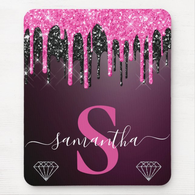 Varmt rosa och svart droppande glittermonogram musmatta (Framsidan)