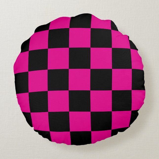 Varmt rosa och svart rutigt rund kudde (Baksidan)