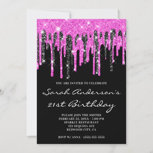 Varmt rosa och svarta glitterdropar 21-årsfirande inbjudningar (Framsida)