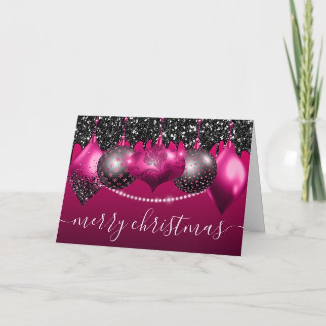 Varmt rosa och svarta julgransprydnader helgkort (Framsida)