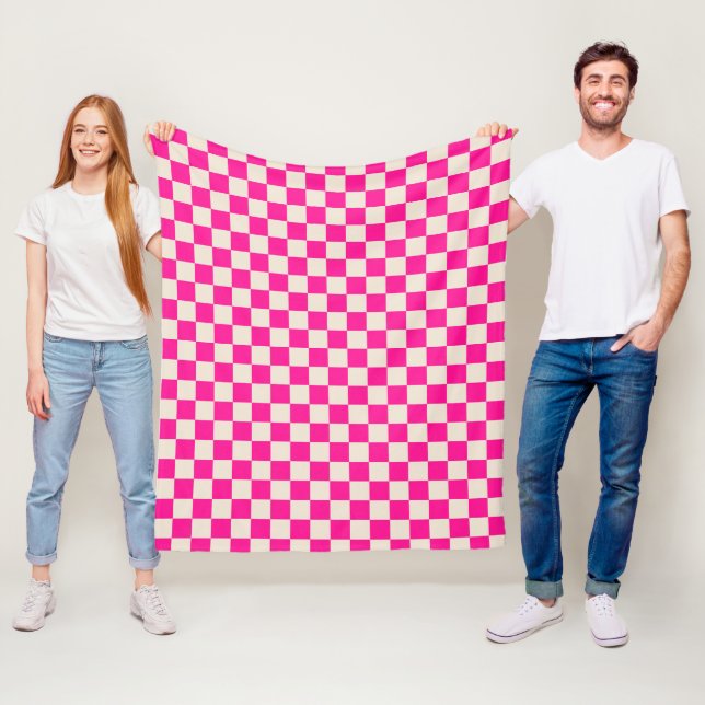 Varmt rosa och tanfärgad schackbrädemönster fleecefilt (På plats)