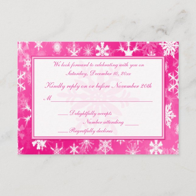 Varmt rosa och vita snöflingor svarskort OSA kort (Framsida)