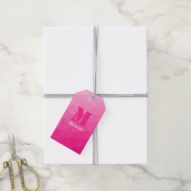 Varmt rosa ombré geometriskt nätmönster Monogram Presentetikett (Med Snöre)