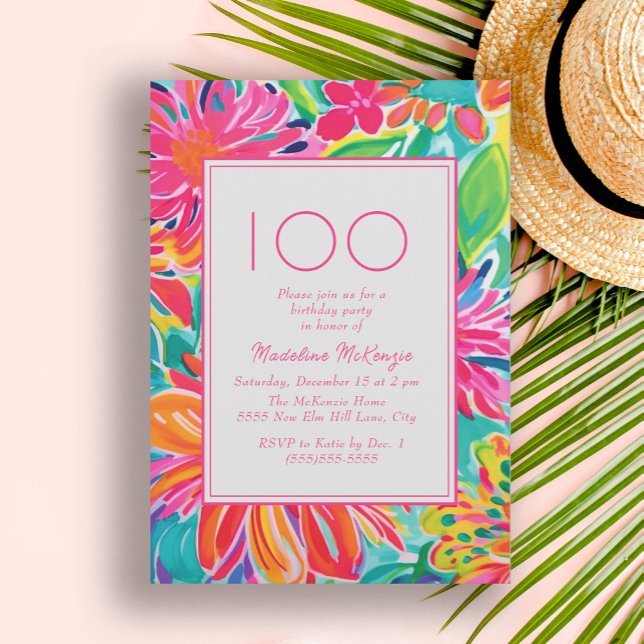 Varmt rosa orange akvarellblommor 100-årsdag inbjudningar (Hot pink and orange tropical leaves 100th birthday party invitation)