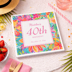 Varmt rosa orange akvarellblommor 40-årsdag pappersservett