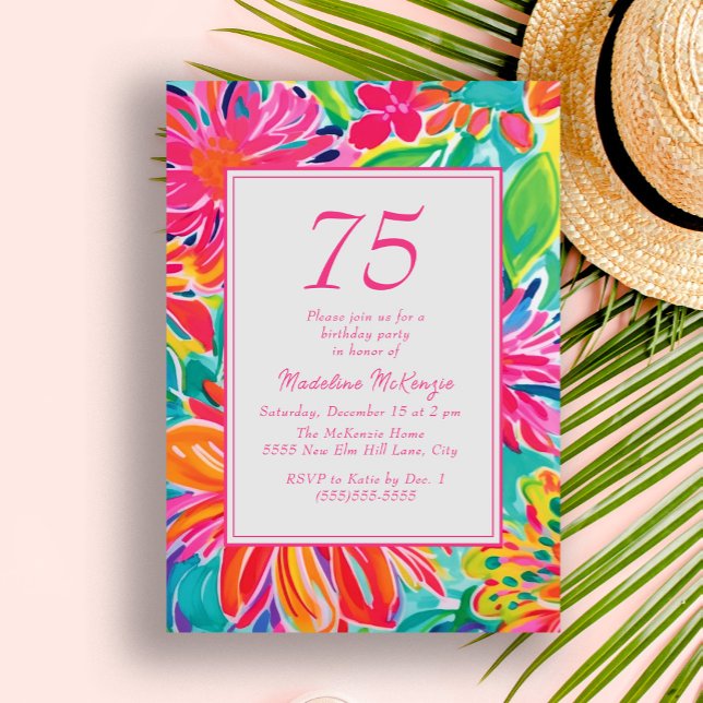 Varmt rosa orange akvarellblommor 75-årsdag inbjudningar (Hot pink and orange tropical leaves women's 75th birthday party invitation)