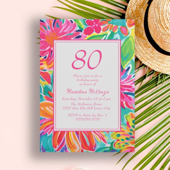 Varmt rosa orange akvarellblommor 80-årsdag inbjudningar (Hot pink and orange tropical leaves 80th birthday party invitation. 

)