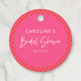 Varmt rosa orange retro-rutig bröllopsdusch gåvor etiketter