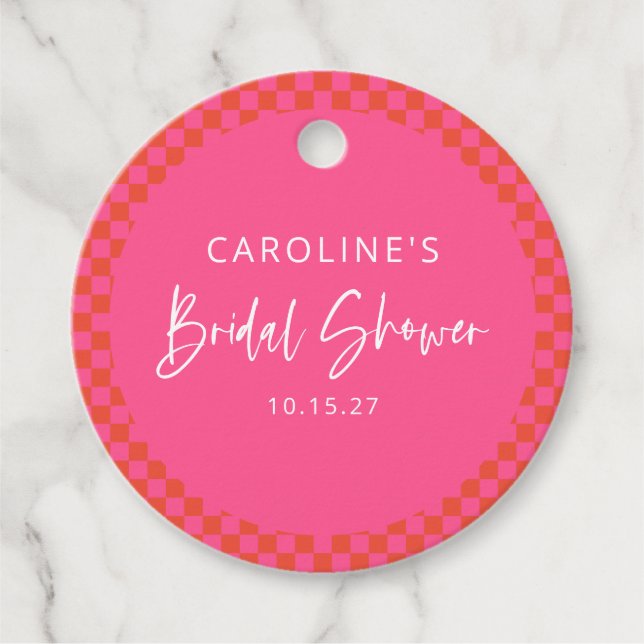 Varmt rosa orange retro-rutig bröllopsfest gåvor etiketter (Framsida)