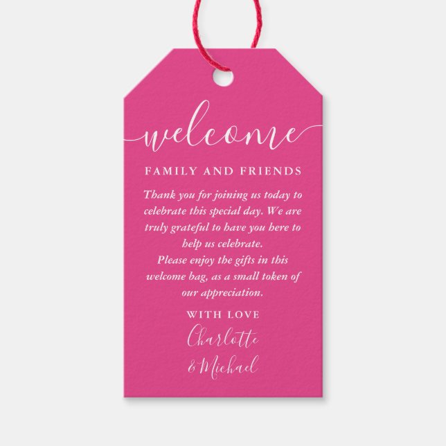 Varmt rosa presentkorg för bröllop välkomstpresent presentetikett (Framsidan)