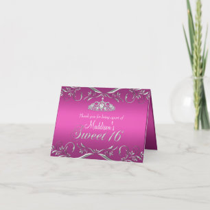 Varmt rosa & silver tiara Sweet 16 tackkort