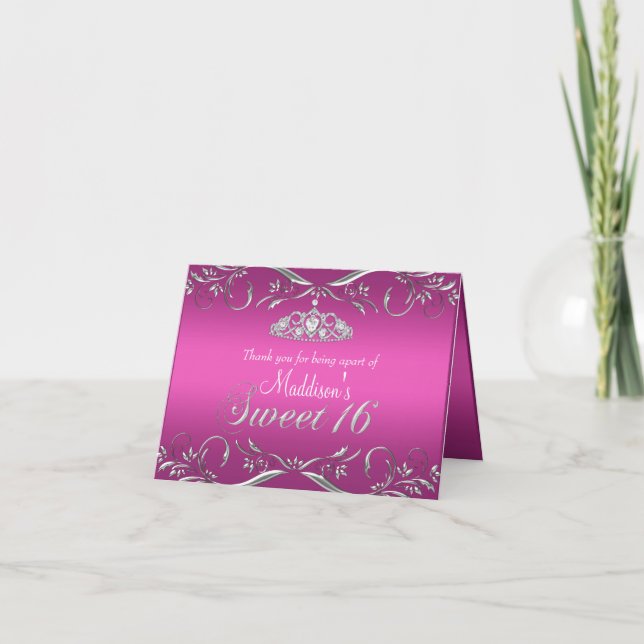 Varmt rosa & silver tiara Sweet 16 tackkort (Framsida)