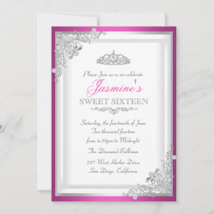 Varmt rosa silverdamask & tiara Sweet 16-inbjudan Inbjudningar