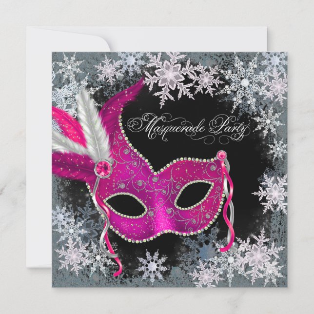 Varmt rosa snöflinga maskerad fest inbjudan (Framsida)