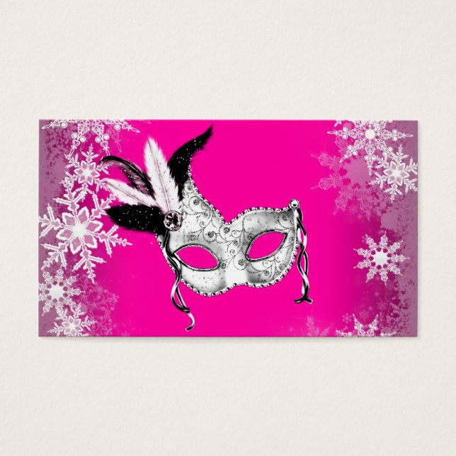 Varmt rosa snöflinga maskerad festkort visitkort (Framsidan)