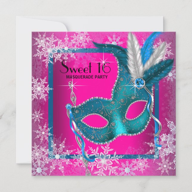 Varmt rosa snöflinga Sweet 16 maskeradfest Inbjudningar (Framsida)
