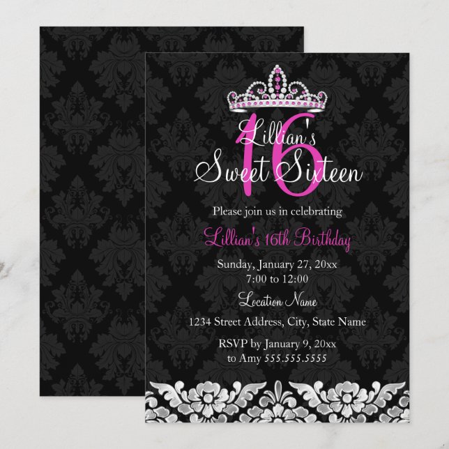 Varmt rosa svart damask & tiara Sweet 16-inbjudan Inbjudningar (Fram/baksida)