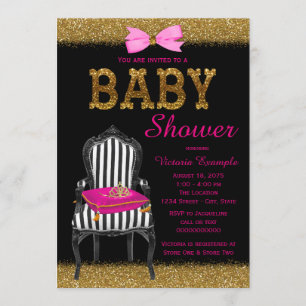 Varmt Rosa Svart Guld Prinsessa Stol Bebis Bjudnin Inbjudningar