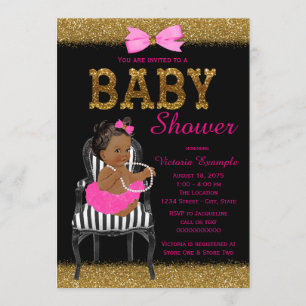 Varmt rosa svart och guld etniskt flicka baby show inbjudningar