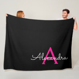 Varmt rosa svart script flickaktigt monogramnamn fleecefilt