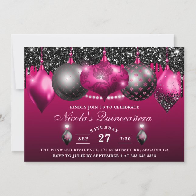 Varmt rosa & svarta glitterkulor Quinceanera Inbjudningar (Framsida)