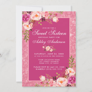 Varmt rosa Sweet 16 födelsedagsblommig glitter Inbjudningar