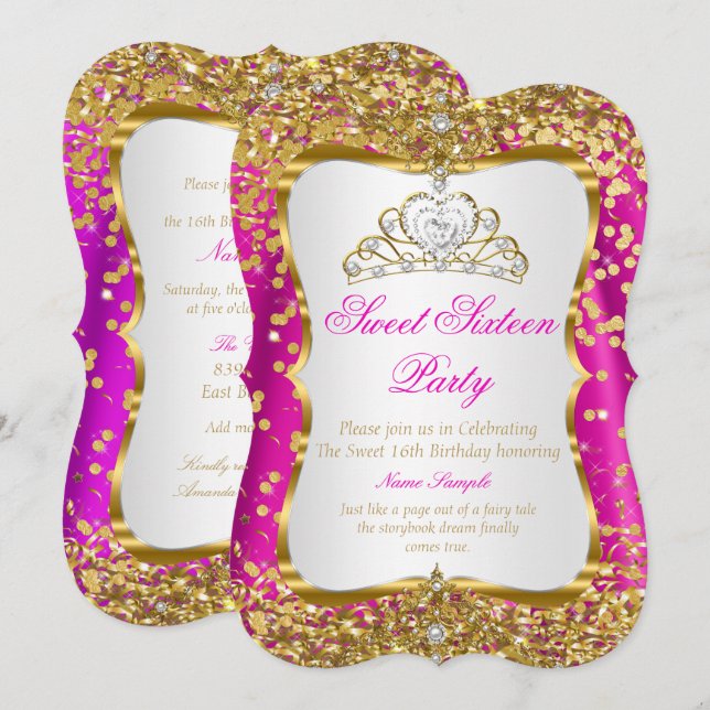 Varmt Rosa Tiara Prinsessa Sweet 16 Guld Vit Inbju Inbjudningar (Fram/baksida)