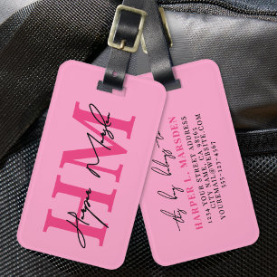 Varmt Rosa Tjejig Monogram Namn Bagagebricka