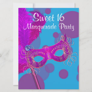 Varmt rosa turkosblå Sweet 16 maskeradfest Inbjudningar