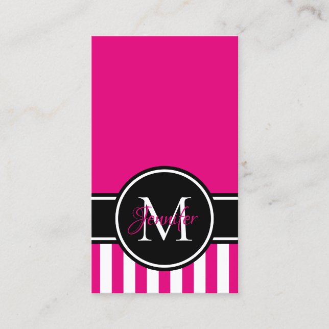 Varmt rosa vit randig mönster svart monogram visitkort (Framsida)