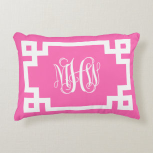 Varmt Rosa Vit Vin Rankad Monogram Grekisk Nyckel Prydnadskudde