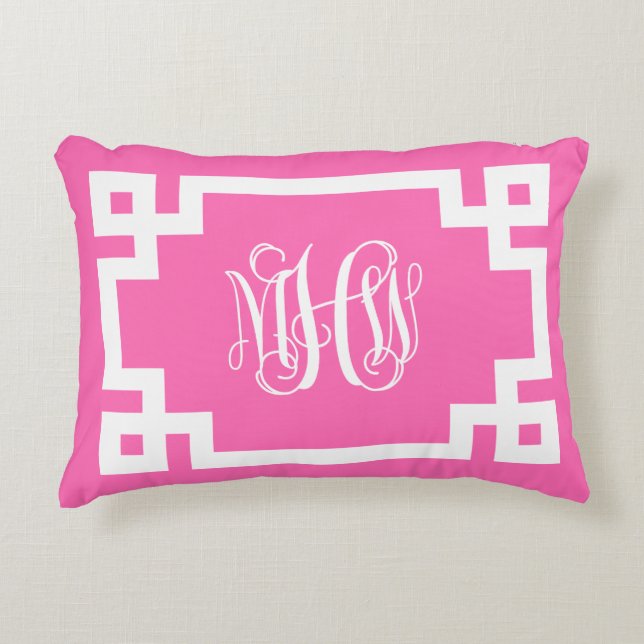 Varmt Rosa Vit Vin Rankad Monogram Grekisk Nyckel  Prydnadskudde (Framsidan)