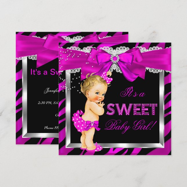 Varmt Rosa Zebra Bebis Baby Shower Flick Blond Beb Inbjudningar (Fram/baksida)