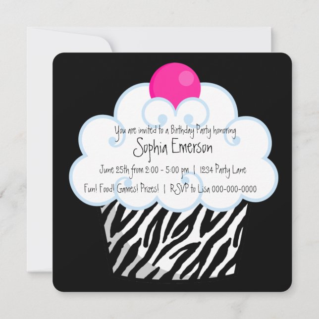 Varmt Rosa Zebra Flickor Cupcake Födelsedagsfest Inbjudningar (Baksida)