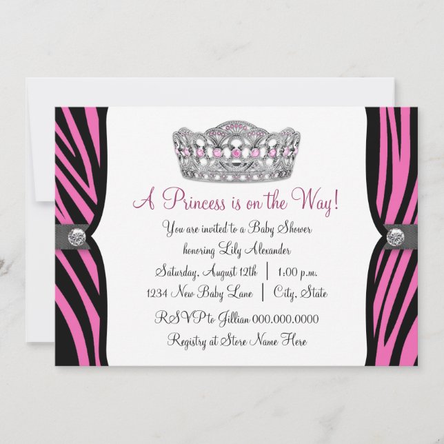 Varmt Rosa Zebra Prinsessa Rosa Svart Bebisbad Inbjudningar (Framsida)