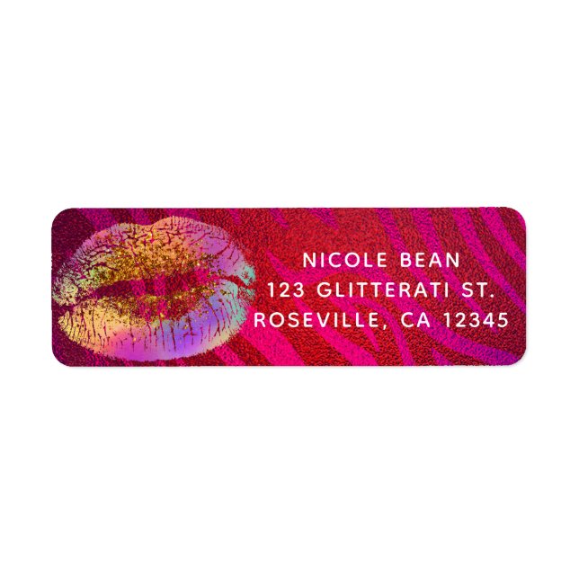 Varmt Rosa Zebrå Regnbåge Guld Glitter Läppar Part Returadress Etikett (Framsidan)