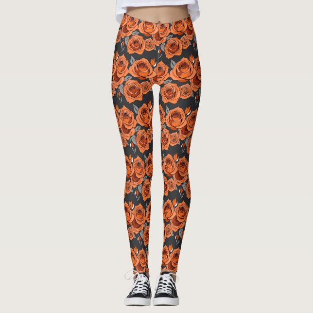 Varmt Rostiga Orange Rosor Leggings (Framsida)