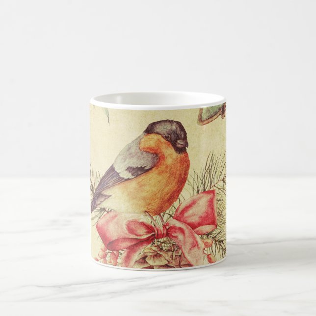 Varmt Vintage Fågel Tall Jul Illustration  Kaffemugg (Center)
