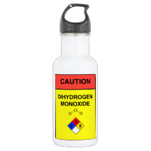 "Varnar DIHYDROGENMONOXIDE" etikettvattenflaskan