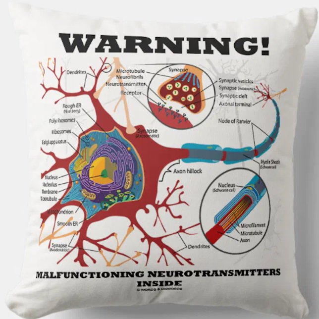 Varning! Felfungerande neurotransmittorer inuti Kudde (Throw pillow featuring neuron/synapse along with the funny biopsychology saying)