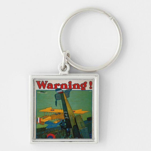 Varning! Fyrkantig Silverfärgad Nyckelring (Framsidan)