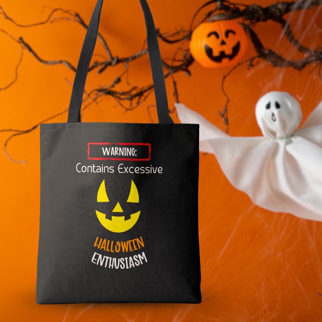 Varning Halloween Enentusiasm Tote Bag | Spooky Ro Tygkasse (Contains Excessive Halloween Enthusiasm Quote Spooky Tote Bag)