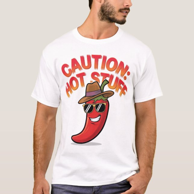 Varning: Hett Saker design - Roligt Chili Pepper T Shirt (Framsida)