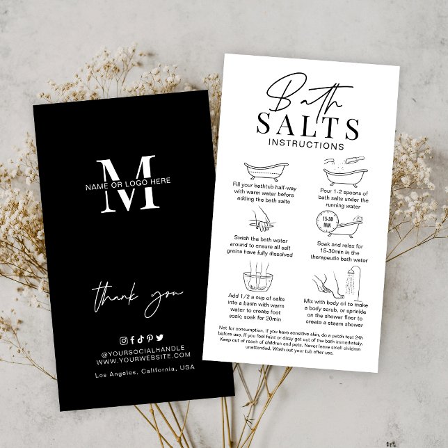 Varning och instruktioner för minimalistisk Logoty Visitkort (Minimalist bath salts care cards in black and white, featuring care icons and space for your logo)